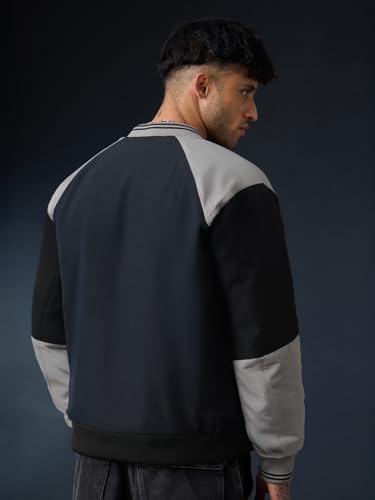 The Souled Store Midnight Edge: Men and Boys Full Sleeves Spread Collar Black and Grey Solid Polyester Regular Fit Lightweight Utility Pockets Bomber Jacket