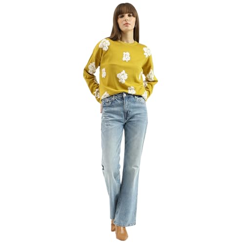 United Colors of Benetton Round Neck Floral Texture Sweater (Size: M)-25A1099W3172I26B Lime