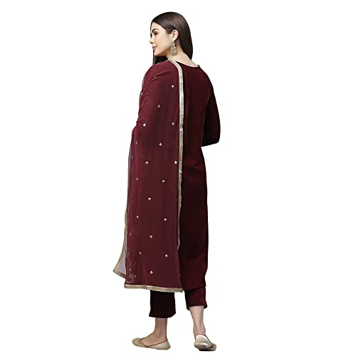 Divena Maroon Velvet hand work Kurta pant With Net Dupatta set
