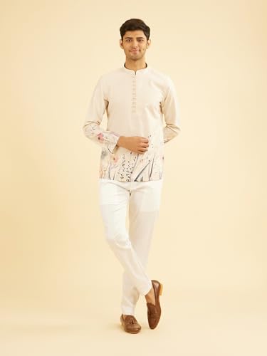 Manyavar Men's Cotton Blend Pastel Floral Prints Short Kurta (Beige,XL)