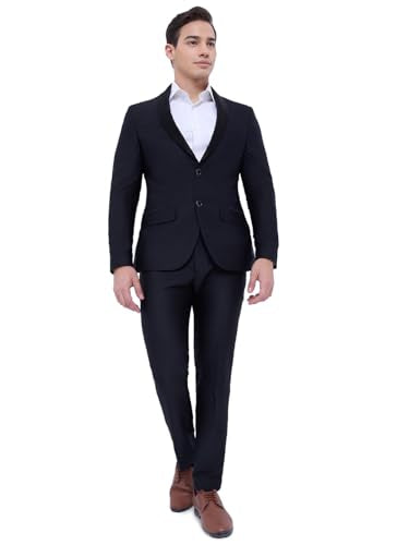 Raymond Men Slim Fit Solid Pattern Poly Rayon Blend Shawl Collar Full Sleeve Formal Suit Black