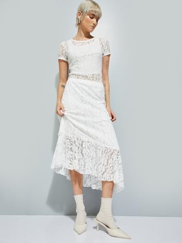 Max Women Lace A-line Midi Skirt(Off White_S)