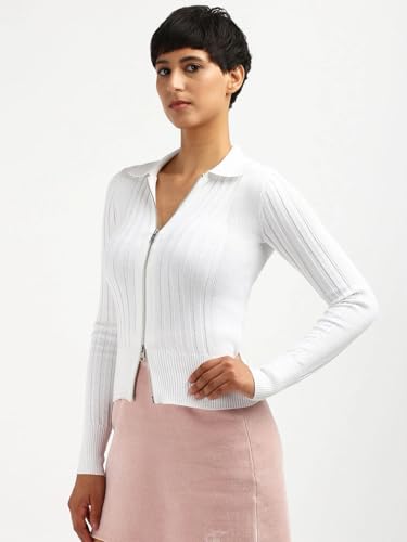 Calvin Klein Jeans Slim Fit Polyester Spread Collar Front-Open Sweater Bright White