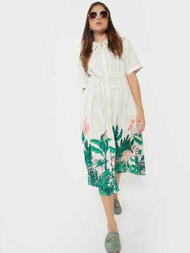 Max Women Floral Print Shirt Dress(White_XL)