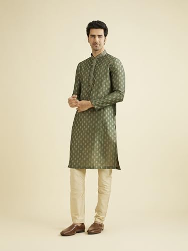 Manyavar Mens Green Art Silk Self Design Kurtas
