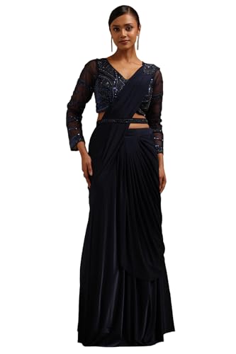 Soch Womens Navy Blue Spandex Solid Ready to Wear Saree