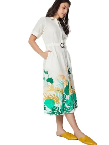 Max Women Printed Belted Shirt Dress (Off White_M)
