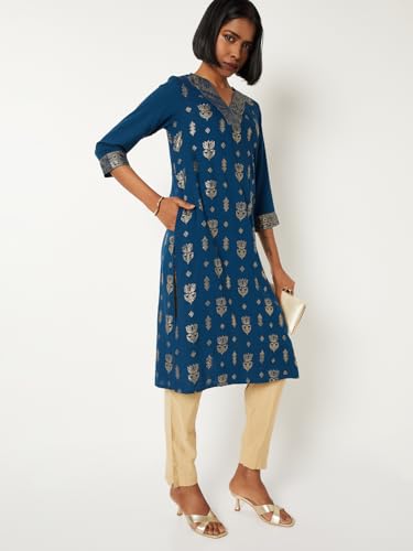 Max Women Foil Print Straight Kurta (Green_M)