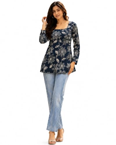 HOUSE OF RAAGA Gauri Women's Jaipuri Pure Cotton Floral Printed Peplum Kurti | Square Neck | Full Sleeves | Corset-Style Back Tie | Casual & Ethnic Wear Size,S