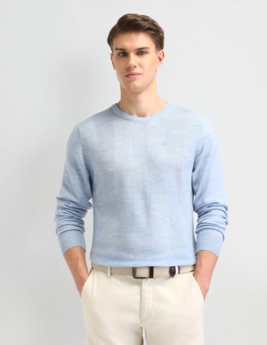 Arrow Mens Blue Self-Design Crew Neck Long SleeveCasual CottonRegular Fit Sweater (ARAISW4030_Blue_M)