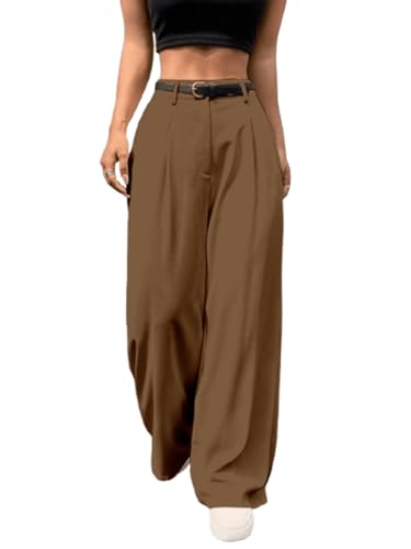 Aahwan Brown Solid High Waist Korean Loose Pleated Wide Leg Trouser for Women's & Girl's(296-Brown-36)