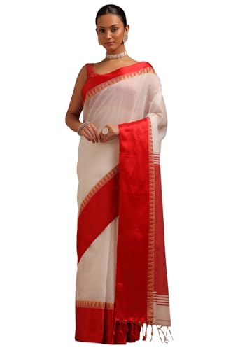 Soch Womens White Cotton Solid Saree