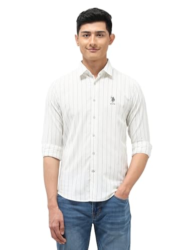U.S. Polo Assn. Denim Co. Men's Striped Fitted Shirt (UDSHT1999_Ecru