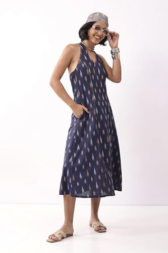 Biba Nxt Women Navy Blue Cotton Printed A Line Dress_30