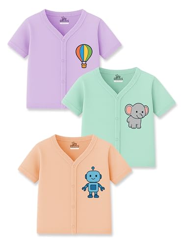 Kidbee Baby Jabla Front Open Half Sleeves Soft Cotton T-Shirt Top with Cute Chest Print – Pack of 3 (in, Age, 0 Months, 3 Months, Regular, LC-JHS-Multi-3pc-A)