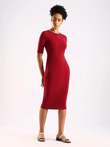 Calvin Klein Jeans Women's Cotton Bodycon Below The Knee Casual Dress (47D217G601_Magenta Jewel