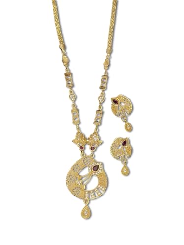 Seora Micro Gold Plated Designer chain Necklace Earring Set for Women, micro metal forming CZ Diamond & Red Stone Jewellery, Latest fancy Design for women can wear Wedding & Festivals