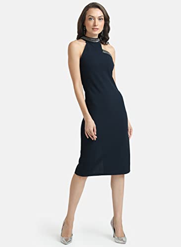 Kazo Women's Polyester Fit and Flare Knee-Length Dress (124140NVYBLXL_Navy Blue