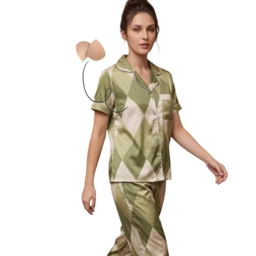 NoHook Korean Style Chest Padded Nightsuit for Women | Modal Silk Button-Down Nightwear Set | Green Diamond Print Co-ord Sleepwear, S
