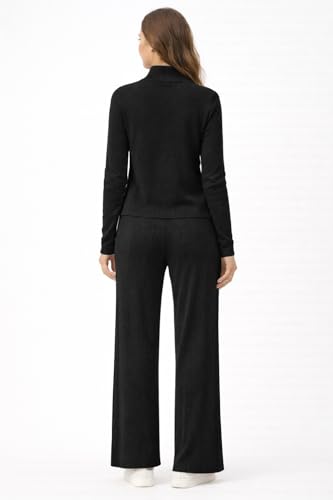 CAMEY Women’s Woolen Lounge Wear Set | Full Sleeve High Neck Top with Wide Leg Pants | Soft Warm Winter Co-Ord Set for Home & Casual Wear (Black, Free Size)