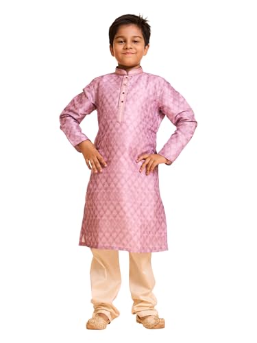 Manyavar Boys Art Silk Buta Print Self Design Kurta Pyjama Set (Dusty Pink,4-5Y)