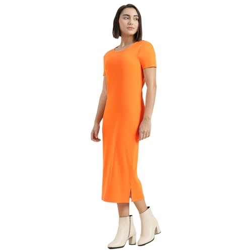 United Colors of Benetton Round Neck Solid Dress (Size : XS) - 26P3RYCD400YI0F4 Orange