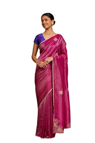 Taneira Women Purple Bengal Pure Tissue Organza Embroidered Saree with Unstitched Blouse Piece (SAIP01AC2159-Purple)