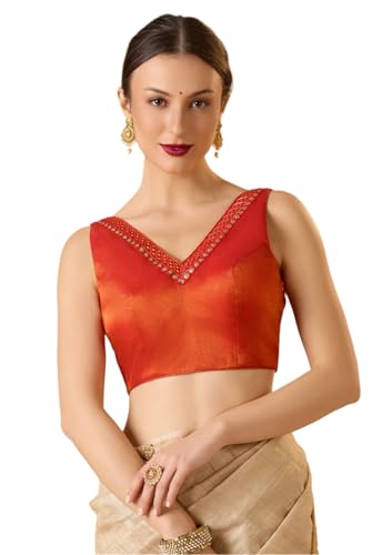 SALWAR STUDIO Rust Cotton Tissue V-Neck Sleeveless Readymade Blouse