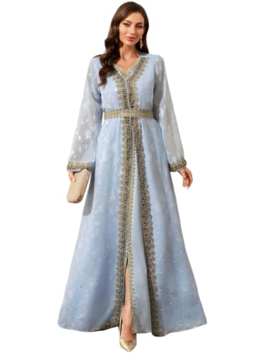 Embroidery Abayas for Women Muslim Moroccan Floral Maxi Kaftan Dress Arabic Islamic Dubai Robe Ramadan Prayer Clothes, Light Blue, S