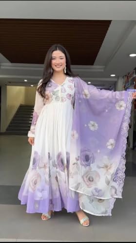 SAMUYA Women’s Fully Stitched Faux Georgette Embroidered Sequence Work Gown – Ready-to-Wear Ethnic Outfit for Parties & Festive Occasions (in, Alpha, XL, Regular) Purple and White