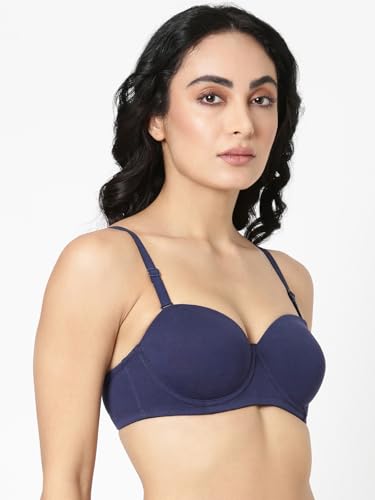 BLOSSOM Strapless Bra Double Layered Seamless Medium Coverage Anti Bacterial Padded Wired Detachable Straps T-Shirt Bra Navy Blue