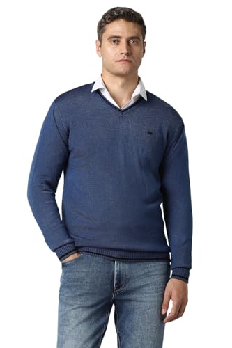 Men Navy Solid V Neck Sweater