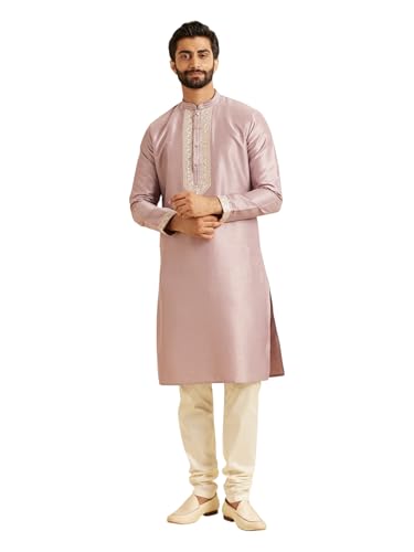 Manyavar Men's Art Silk Neckline Embroidered Solid Kurta Set (Lilac,L)