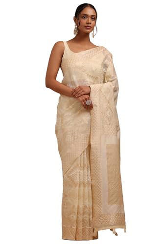 Soch Womens Cream Linen Woven Design Saree With Zari Woven