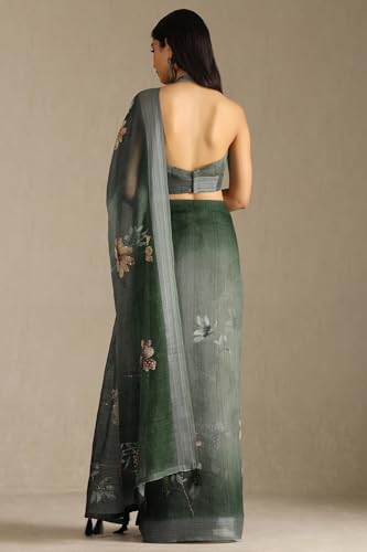 Soch Womens Olive Linen Floral Print Saree With Sequins