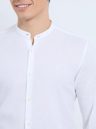 Raymond Men Regular Fit Chambray Pattern Cotton Linen Blend Mandarin Collar Full Sleeve Casual Shirt (Size: 39)-RCSM01923-W0