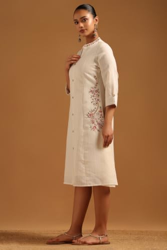 Soch Womens Off White Cotton Striped Dress with Zari Embroidery