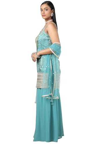 Soch Women Turquoise Blue Tissue Embroidered Suit Set with Sequins