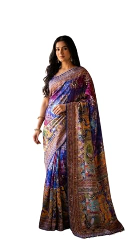 SHANTVAN GALLERY Ajrakh Sarees for Women Roman Silk Ajrakh Print Saree for Woman with Mirror Work Border Pallu & Kodi Latkan with Blouse Piece Designer Ethnic Wear