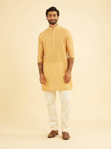 Manyavar Men's Cotton Blend Printed Mid Length Kurta(Mustard,L)