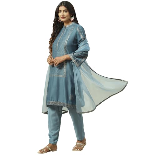 BIBA WOMEN PRINTED SALWAR KURTA DUPATTA(SKD7751E_SKY BLUE_34)