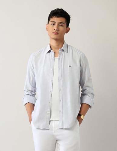 Arrow Sports Men's Striped Slim Fit Shirt (ASAEOSH1770_Light Grey