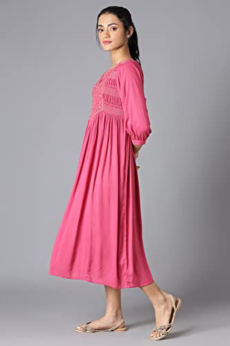 W for Woman Women's Viscose Dark Pink Flared Dress with Thread Embroidery Calf Length (22FEW17494-217011_Fuscia 2XL)