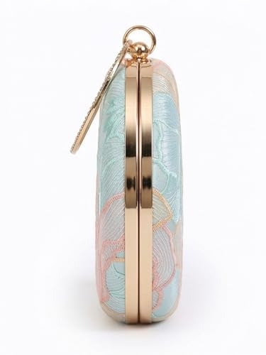 THE TAN CLAN Women Blue Floral Embroidered Clutch Purse Stylish Bridal Handbag Round Designer Clutch Bag For Women Wedding Party Ethnic Fancy Purse With Chain And Metal Handle