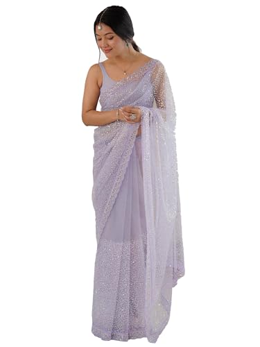 AKHILAM Women's Shimmer Lavendar Net Embellished Saree With Unstitched Blouse Piece (AARYAN20901_KR)