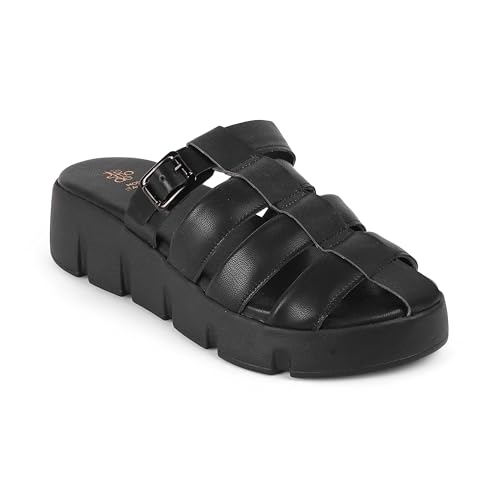 tresmode MAXIMUS Women's Wedges Sandals Platform Heels Black, 5 UK / 38 EU - Round Toe Chunky Sole Stylish Comfortable Soft Footwear