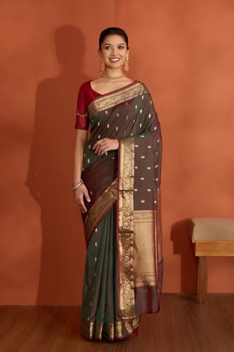 Taneira Women Dark Green Silk Viscose Cutwork Banarasi Saree with Unstitched Blouse Piece (SAPH03AA9879-Dark Green)