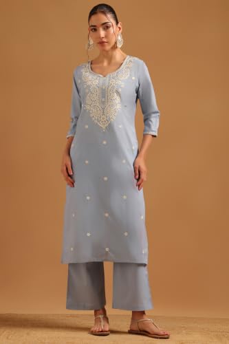 Soch Womens Blue Cotton Botanical Chikankari Embroidered Salwar Suit