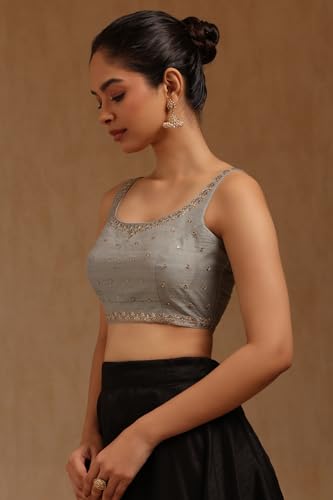 Soch Womens Grey Tussar Embroidered Padded Blouse with Zari