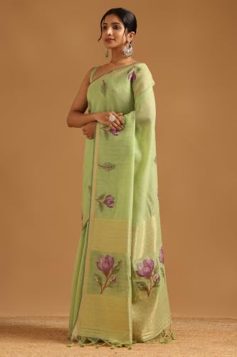 Soch Womens Light Green Organza Woven Design Saree